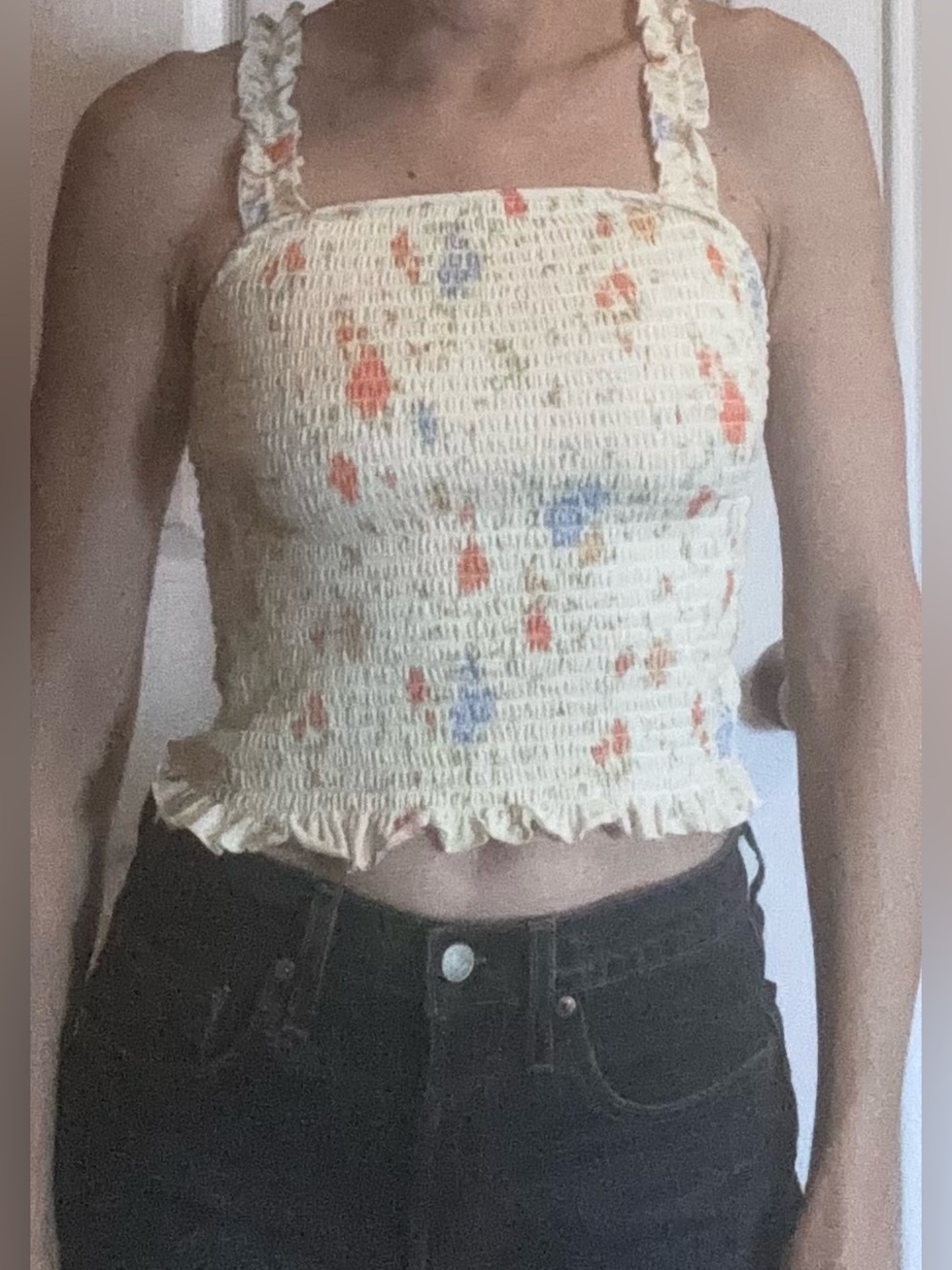 SO Cream Smocked Floral Cami with Ruffle Hem